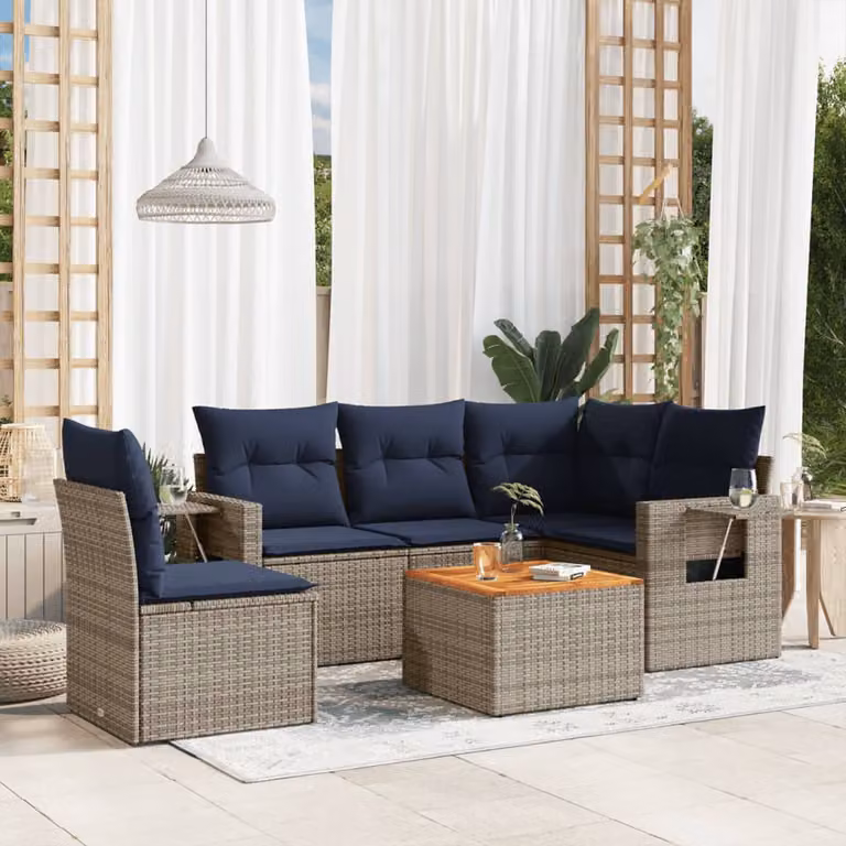 Set da giardino vidaXL in polyrattan composto da 6 pezzi con cuscini blu e grigi e tavolino da esterno in stile moderno
