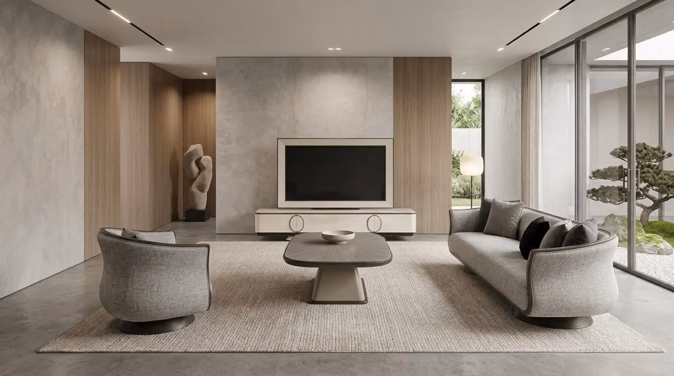 Set per soggiorno: divano a 3 posti, tavolino, mobile TV basso. Design moderno, comfort elevato