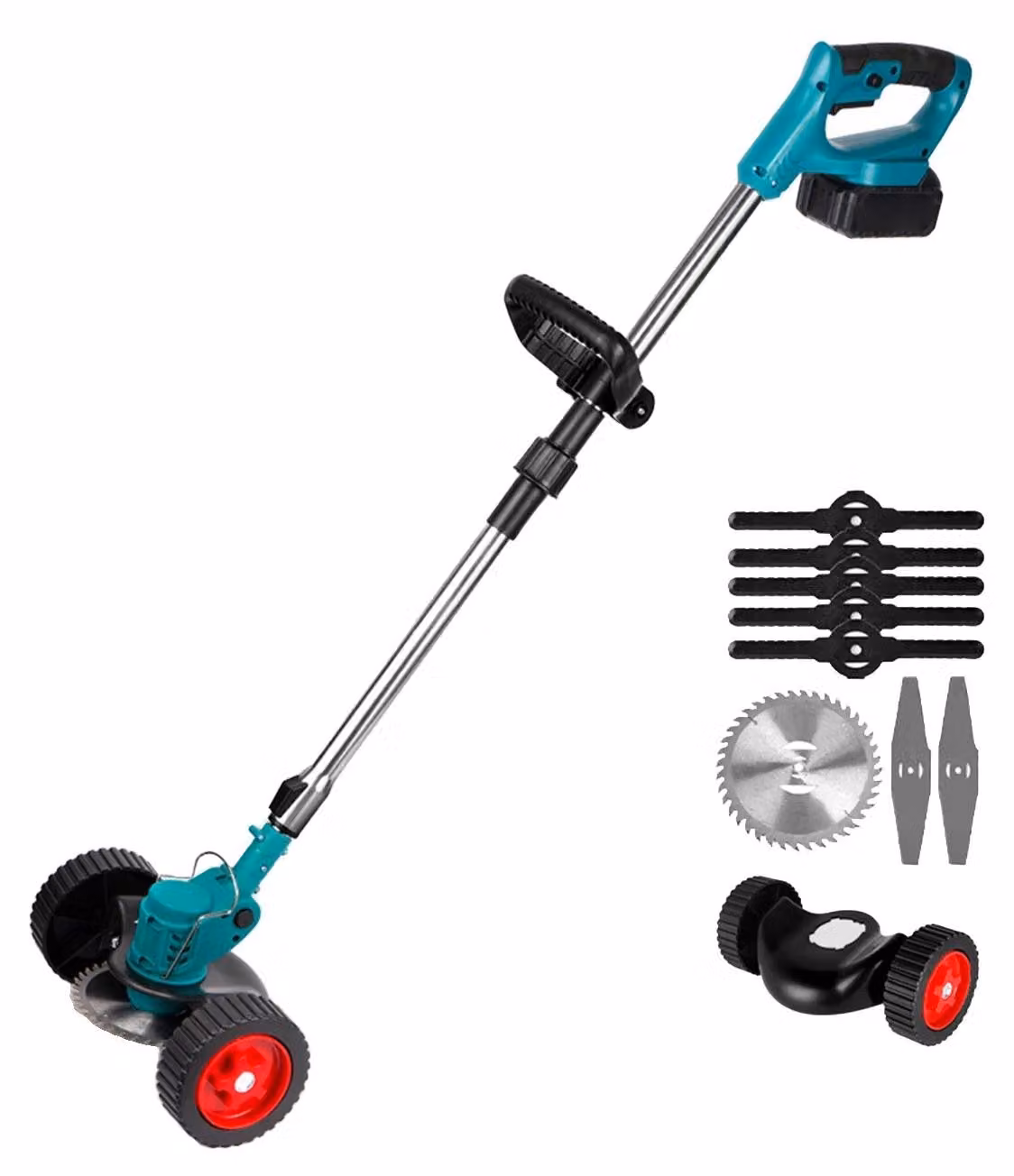 Accu Grastrimmer - Tagliaerba - Debbricatore - Pieghevole - Regolabile - Con ruote - Accessori per la falciatura