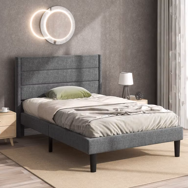 Letto imbottito Sweiko 90x200cm letto singolo con rete a doghe e testiera grigio lino
