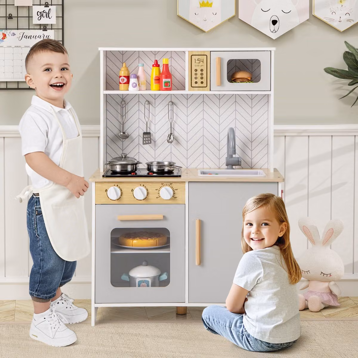 Set da cucina per bambini Costway in legno con luci e accessori, gioco educativo bianco