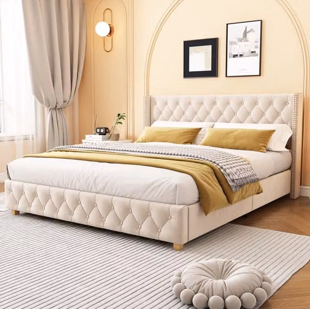 Letto imbottito 160x200 cm con rete a doghe e testiera in velluto beige chiaro