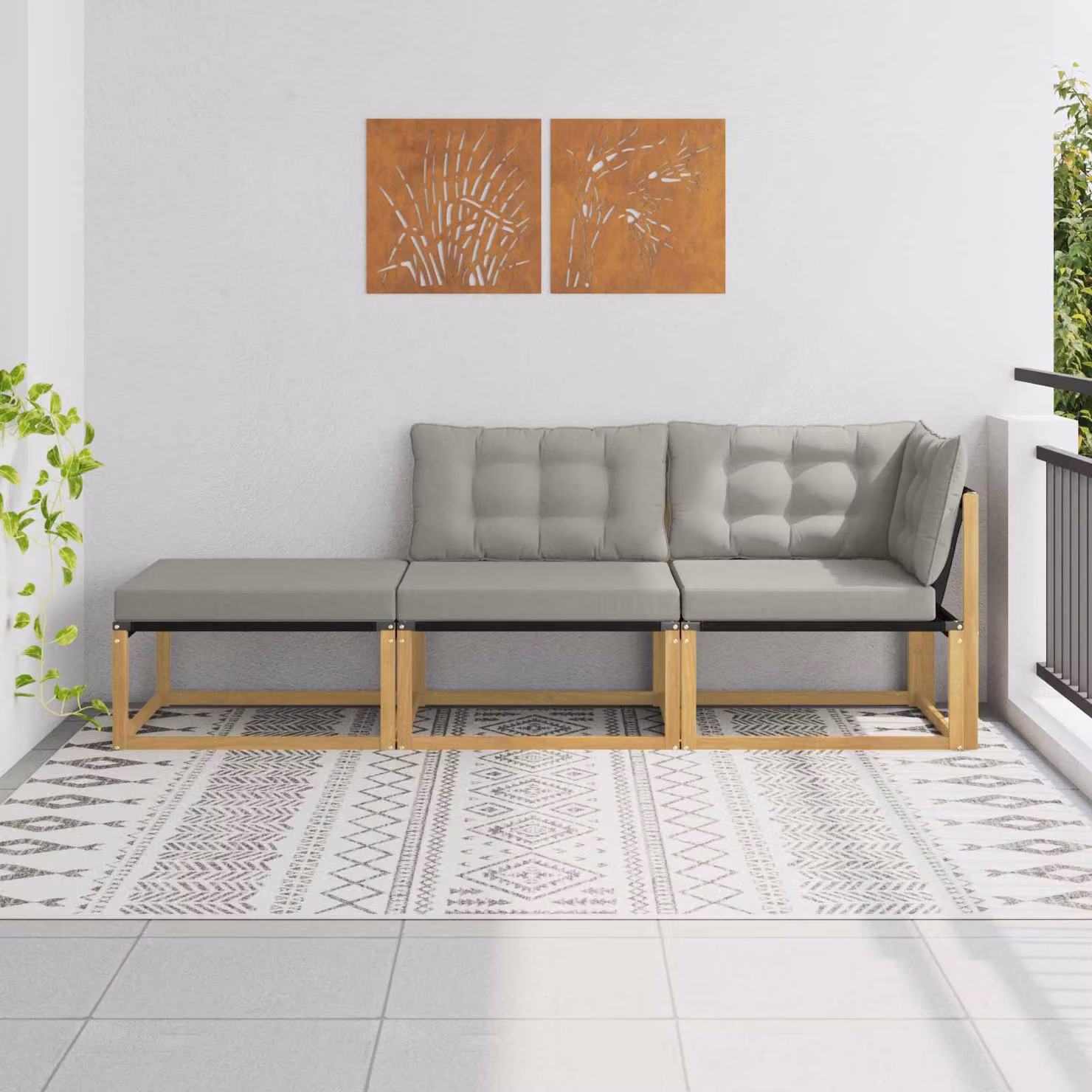 Set di divani da esterno a L vidaXL in legno di acacia con cuscini e pouf, Bianco, Grigio e Marrone