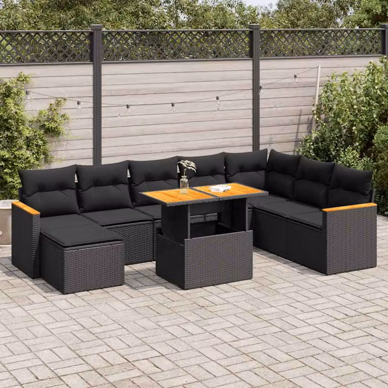 Set di divani da giardino vidaXL in polyrattan nero con cuscini e tavolino da esterno a forma di U