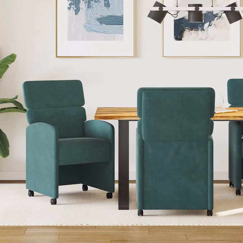 Set di 2 sedie da pranzo vidaXL in velluto verde scuro con ruote e braccioli, L: 58 cm, P: 65 cm, H: 98 cm – 1