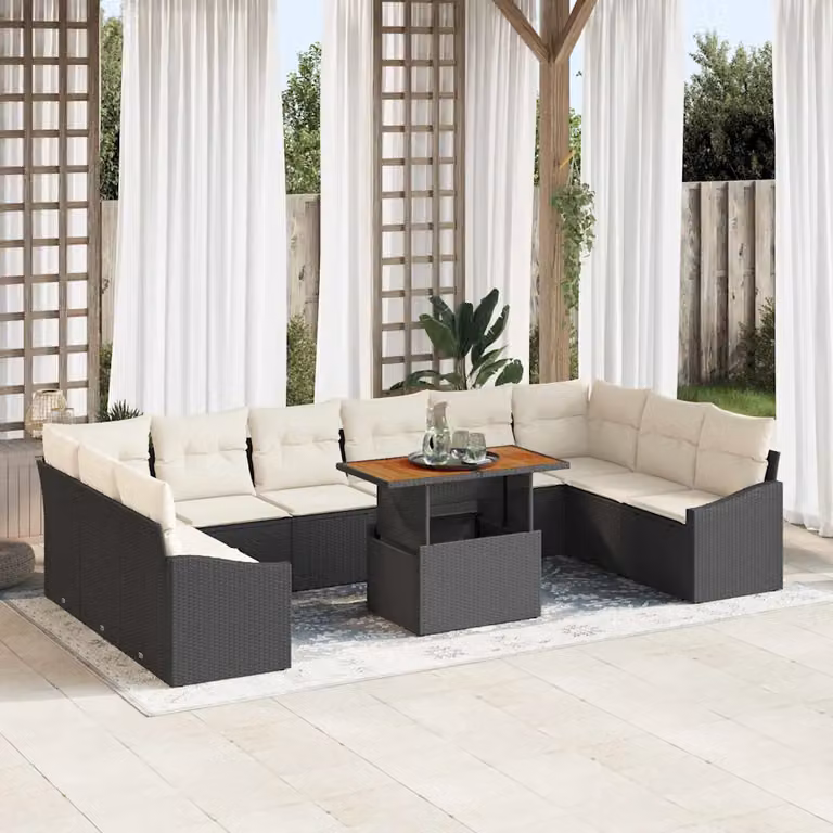 Set da pranzo da giardino moderno vidaXL in rattan e legno con altezza regolabile, nero e beige