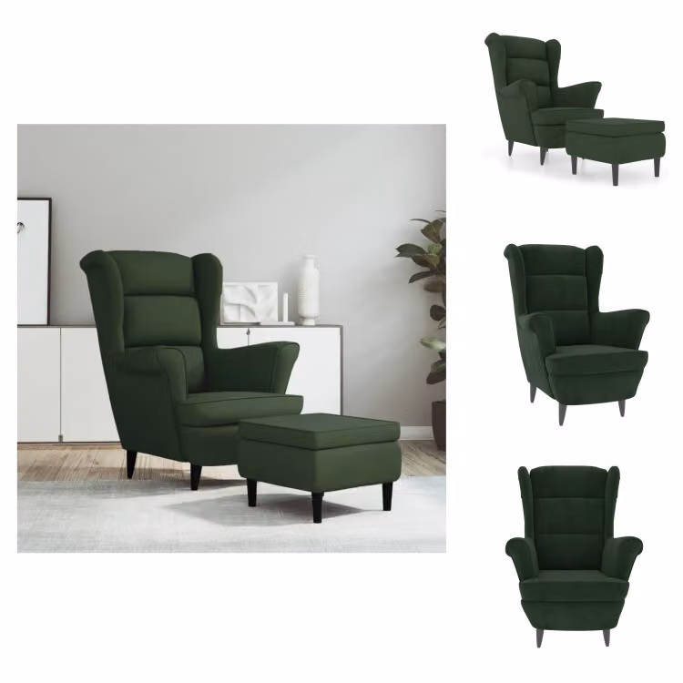 vidaXL Sedia ad ala con sgabello in velluto verde scuro - Poltrona