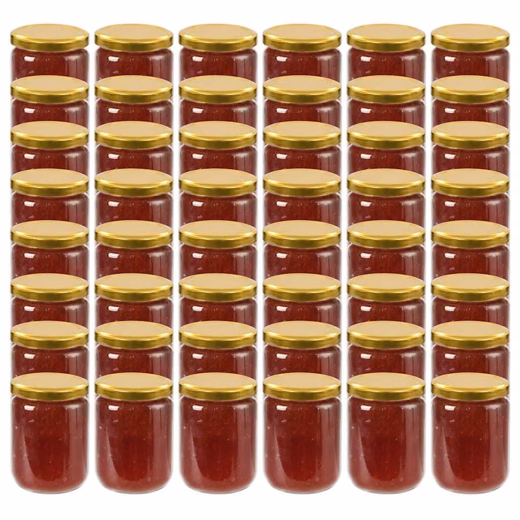 Set di 48 vasi per marmellata in vetro trasparente con coperchio oro vidaXL, capacità 230 ml ciascuno
