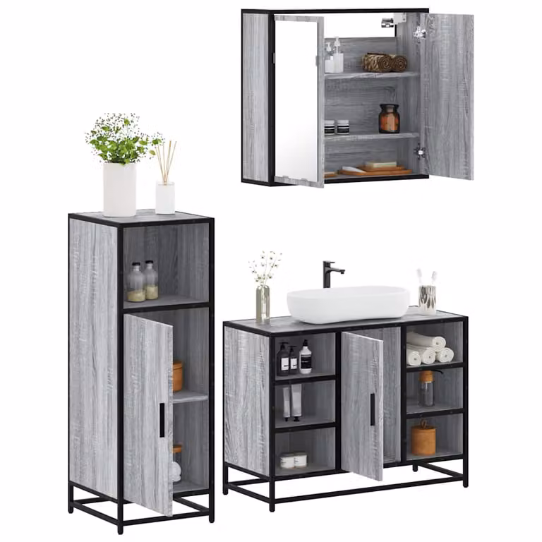 Set di mobili da bagno vidaXL in stile industriale composto da 3 pezzi, colore grigio, in legno, metallo e vetro