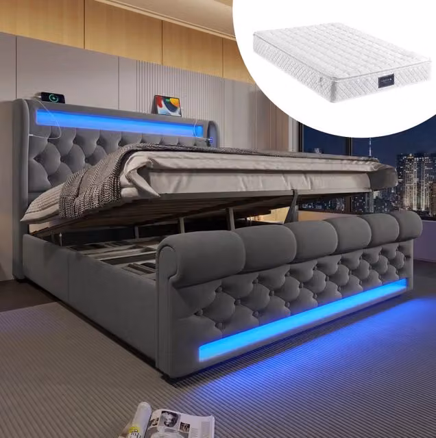 Letto 140x200 cm grigio con contenitore idraulico e LED, con materasso