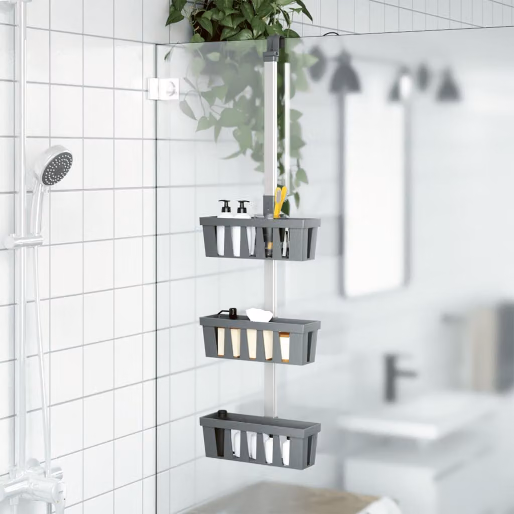 Ripiani Pensili da Doccia vidaXL in Alluminio Grigio e Argento, Regolabili con Sistema di Drenaggio, L/P/H: 30 x 15 x (67-105) cm