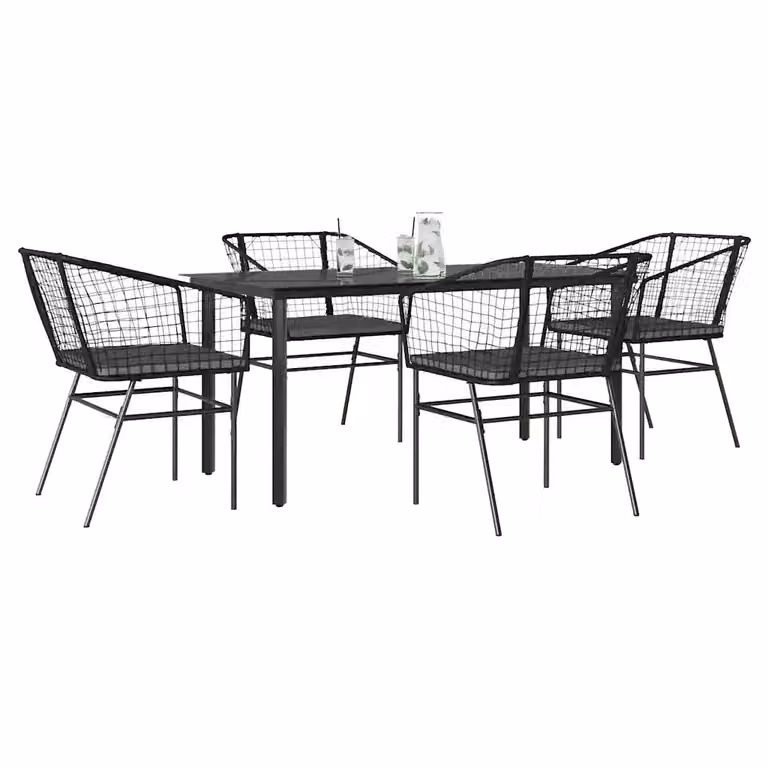 Set da Pranzo da Giardino Moderno in Polyrattan con Tavolo in Vetro e 5 Sedute, Colori Nero e Grigio