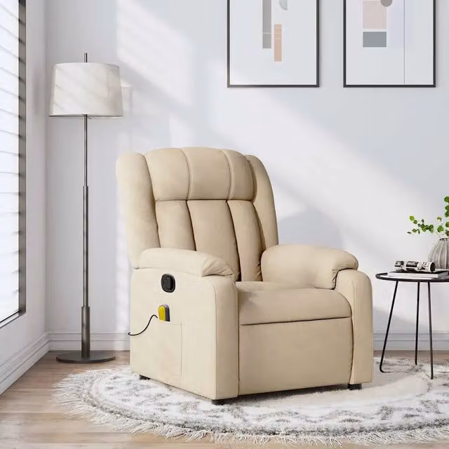 Poltrona reclinabile relax in tessuto beige con braccioli e struttura moderna per soggiorno