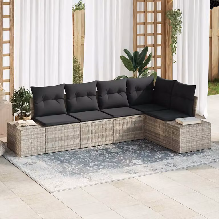 Set Divano da Giardino a L vidaXL in Polyrattan Grigio con Cuscini e Rivestimenti Rimovibili