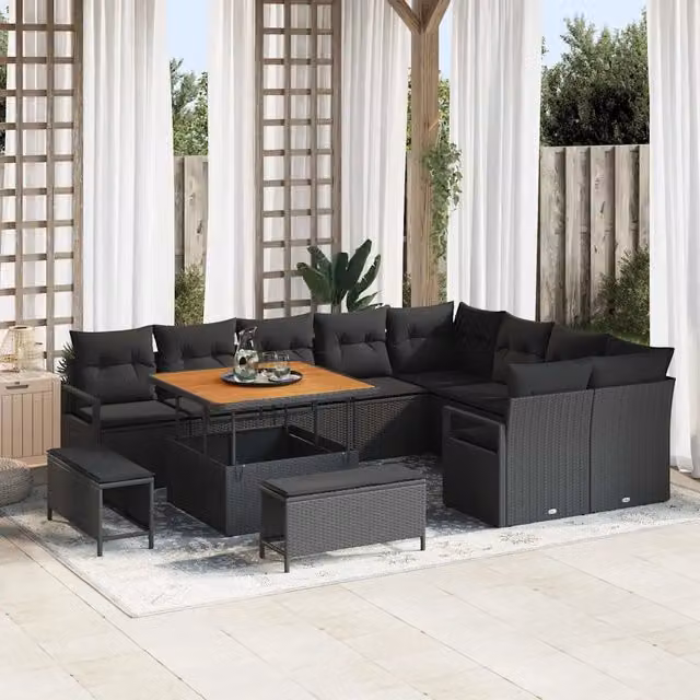 Set Divano da Giardino a Forma di U vidaXL Nero con Cuscini e Tavolino, 12 Pezzi in Polyrattan e Acciaio con Piano in Legno di Acacia – 1