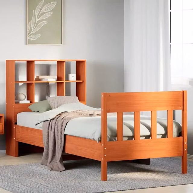 Letto in legno di pino rustico color marrone cera con ripiani laterali vidaXL L/P/H: 218.5 x 110.0 x 81.0 cm