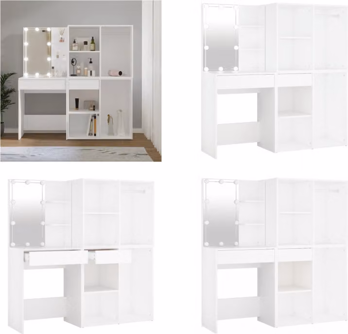 vidaXL Tavolino da toilette a LED con 2 armadietti Legno bianco - Tavolino da toilette a LED con armadietto - Tavolini da toilette a LED con armadietti - Tavolino da toilette - Tavolino da toilette