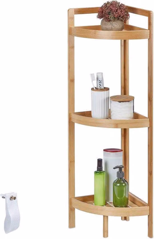 Scaffale angolare in bambù 3 ripiani semicircolari - 90x365x26 cm - Scaffale per bagno e cucina - Naturale
