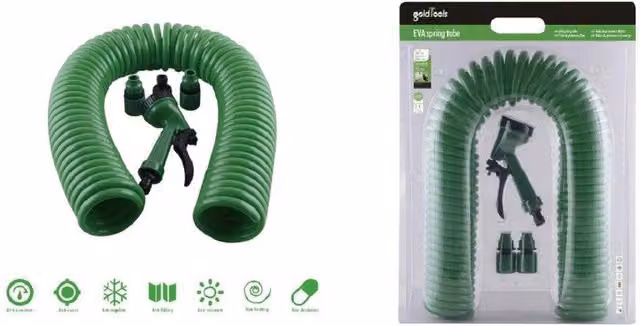 Tubo Flessibile a Spirale Kaela con Pistola Innaffiare e Connettori, Lunghezza: 7,5 m, Colore Verde