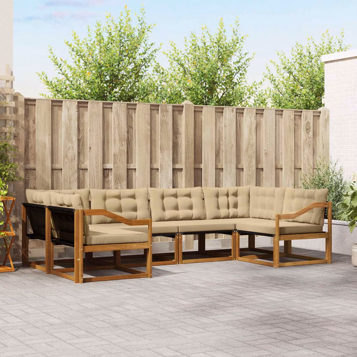 Set di divani da esterno vidaXL a forma di L composto da 6 pezzi in legno di acacia e tessuto textilene, colore marrone e beige