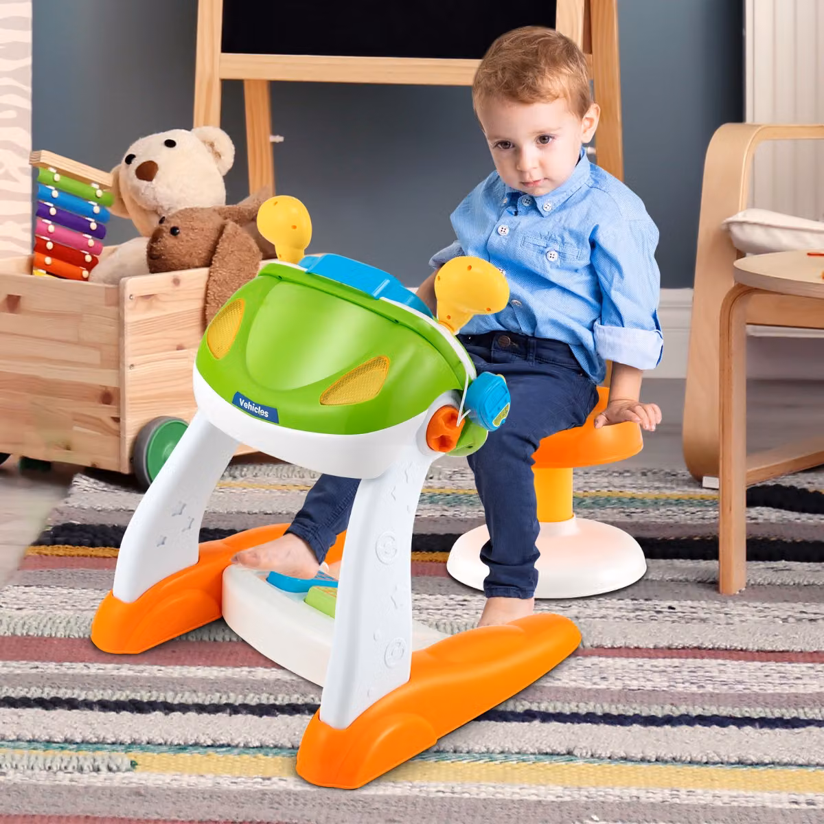 Costway Volante interattivo multicolore per bambini con sgabello, luci e musica, giocattolo educativo per lo sviluppo motorio e cognitivo