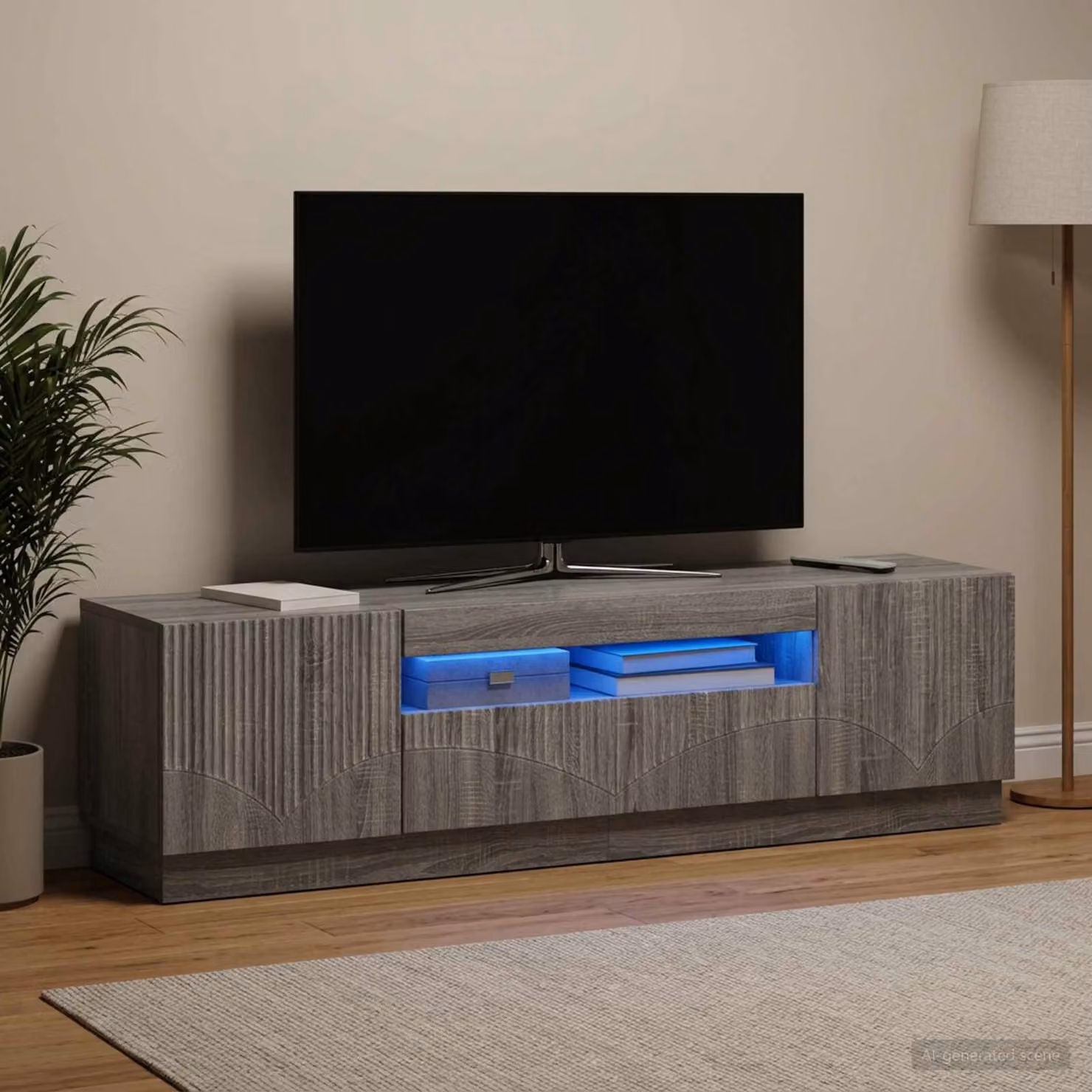 Mobile TV LED vidaXL in legno ingegnerizzato color grigio Sonoma con illuminazione integrata per soggiorno, L 153,0 x P 40,0 x H 35,0 cm