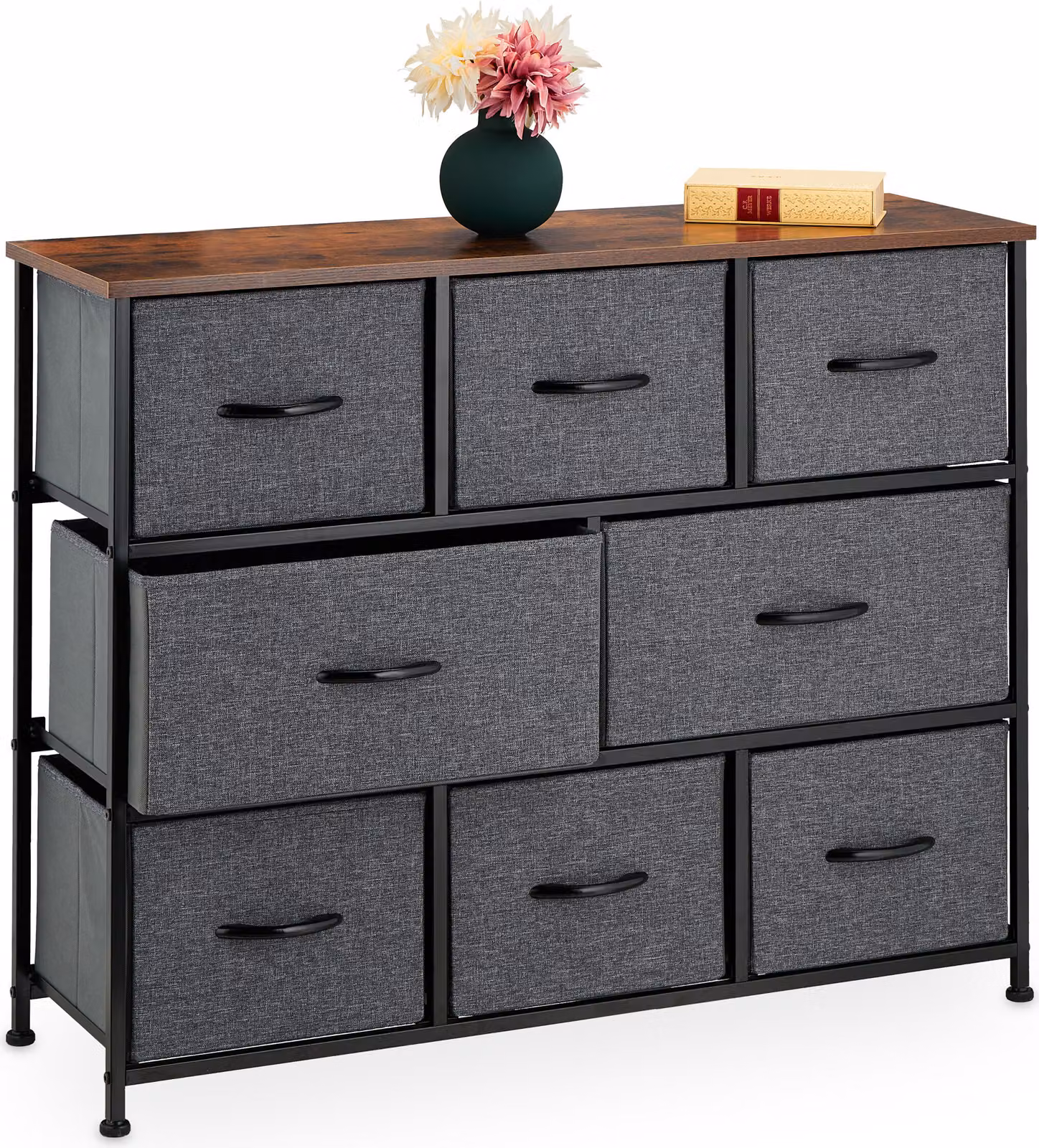 Comodà Relaxdays Industrial, L x P x A: 78,5 x 100 x 30 cm, 8 cassetti, tessuto e metallo, effetto legno, credenza, grigio/marrone