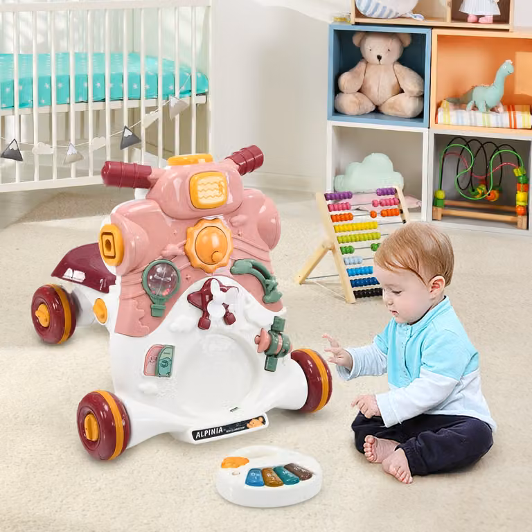 Costway Centro attività 3 in 1 per bambini e bambine 6-36 mesi con carrellino primi passi in legno e plastica, rosa e multicolore
