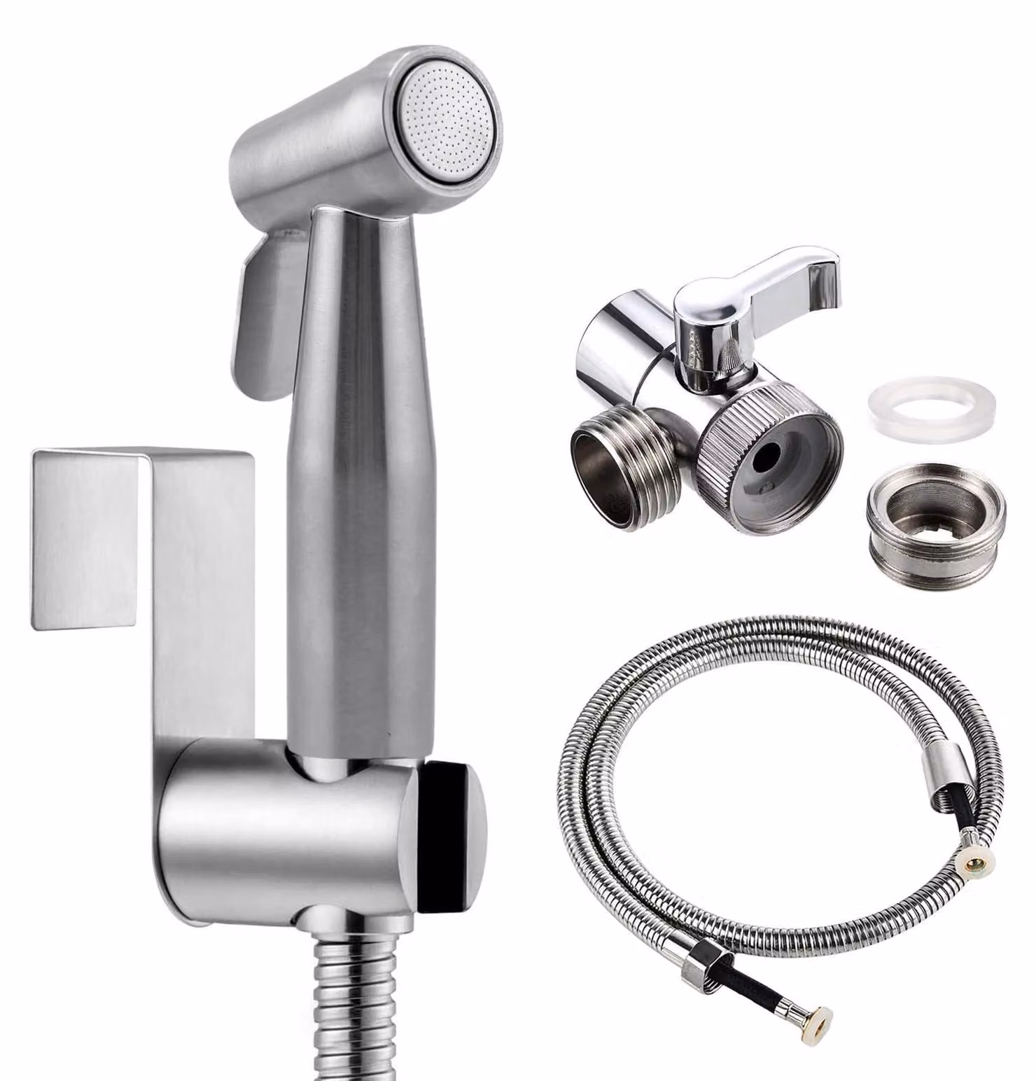 Set bidet-wc con getto spray, tubo flessibile da 2 metri, gancio, colore argento, per bagno