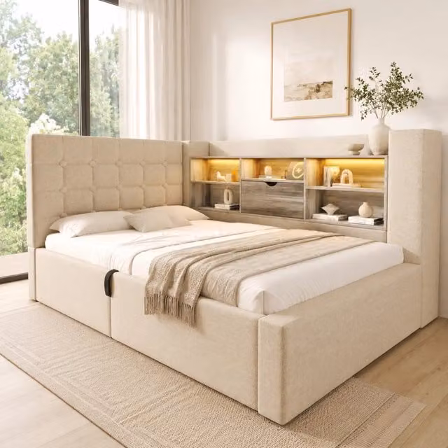 Letto imbottito ULEVR 90x200 cm con contenitore idraulico, LED e ricarica USB/USB-C, beige
