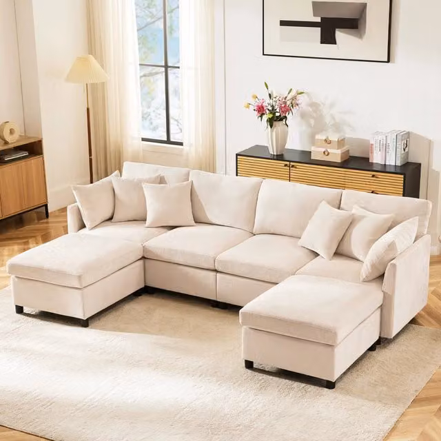 Divano panoramico modulare MIVRAY beige con pouf e 6 cuscini, configurabile a U o L, L/P/H: 278 x 161 x 81 cm