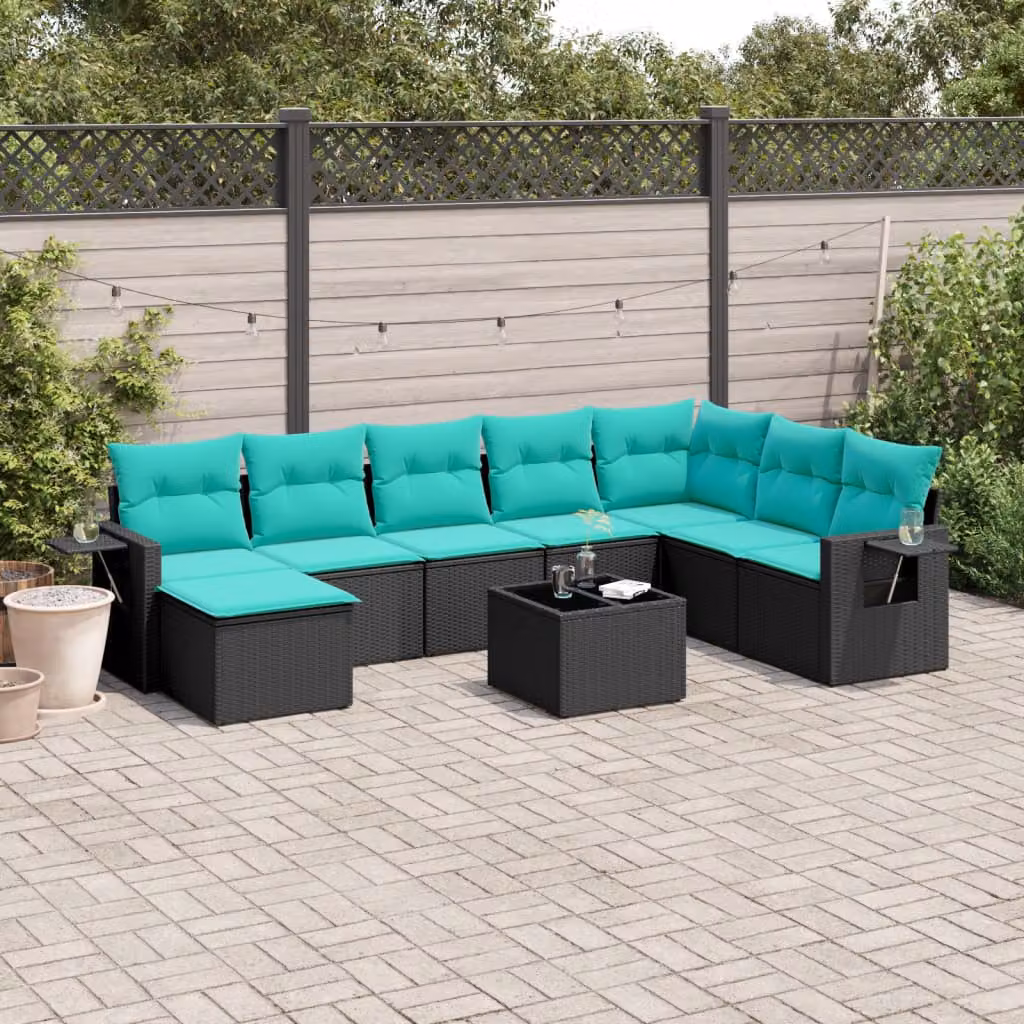 Set di divani da giardino vidaXL in polyrattan nero con 9 pezzi e cuscini