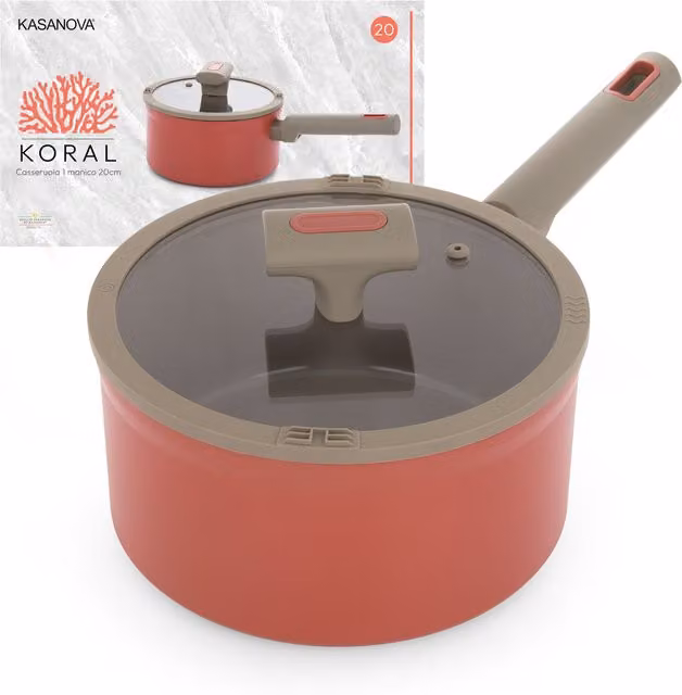 Casseruola Kasanova Koral con coperchio in vetro, rivestimento ceramico antiaderente, diametro 20 cm, colori arancione e rosso