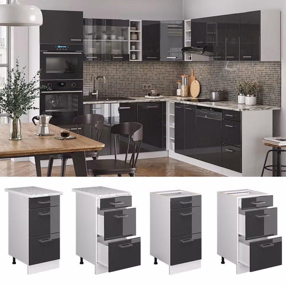 Mobiletto base per cucina Vicco R-Line Antracite lucido e Bianco con cassetti, L: 40 cm – 2