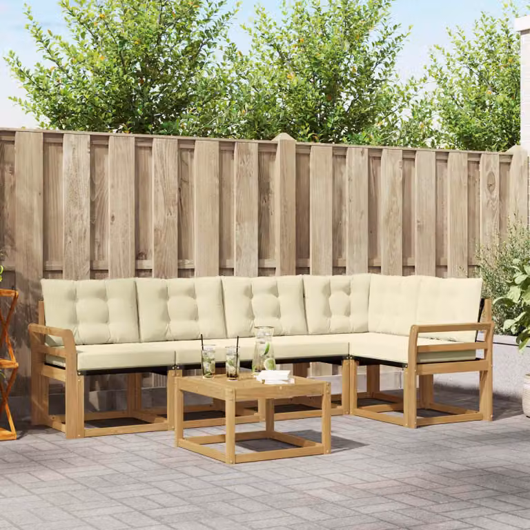 Set di divani da esterno vidaXL 6 pz a forma di L con tavolino da caffè, in legno di acacia e tessuto textilene, colori bianco, beige e marrone