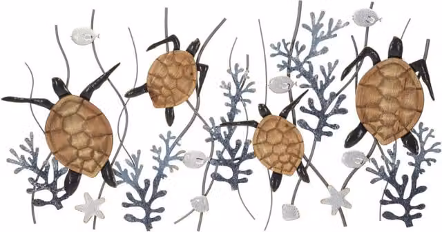 Pannello da parete Turtle Vikasa Home in ferro e MDF con decorazioni di tartarughe e coralli, stile boho, colori marrone, blu e bianco