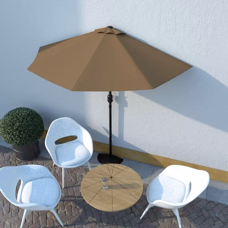 Parasole a semicerchio per balcone, azionamento a manovella, colore tortora, dimensioni 270x135 cm, struttura in acciaio, tessuto in poliestere con sistema di ventilazione