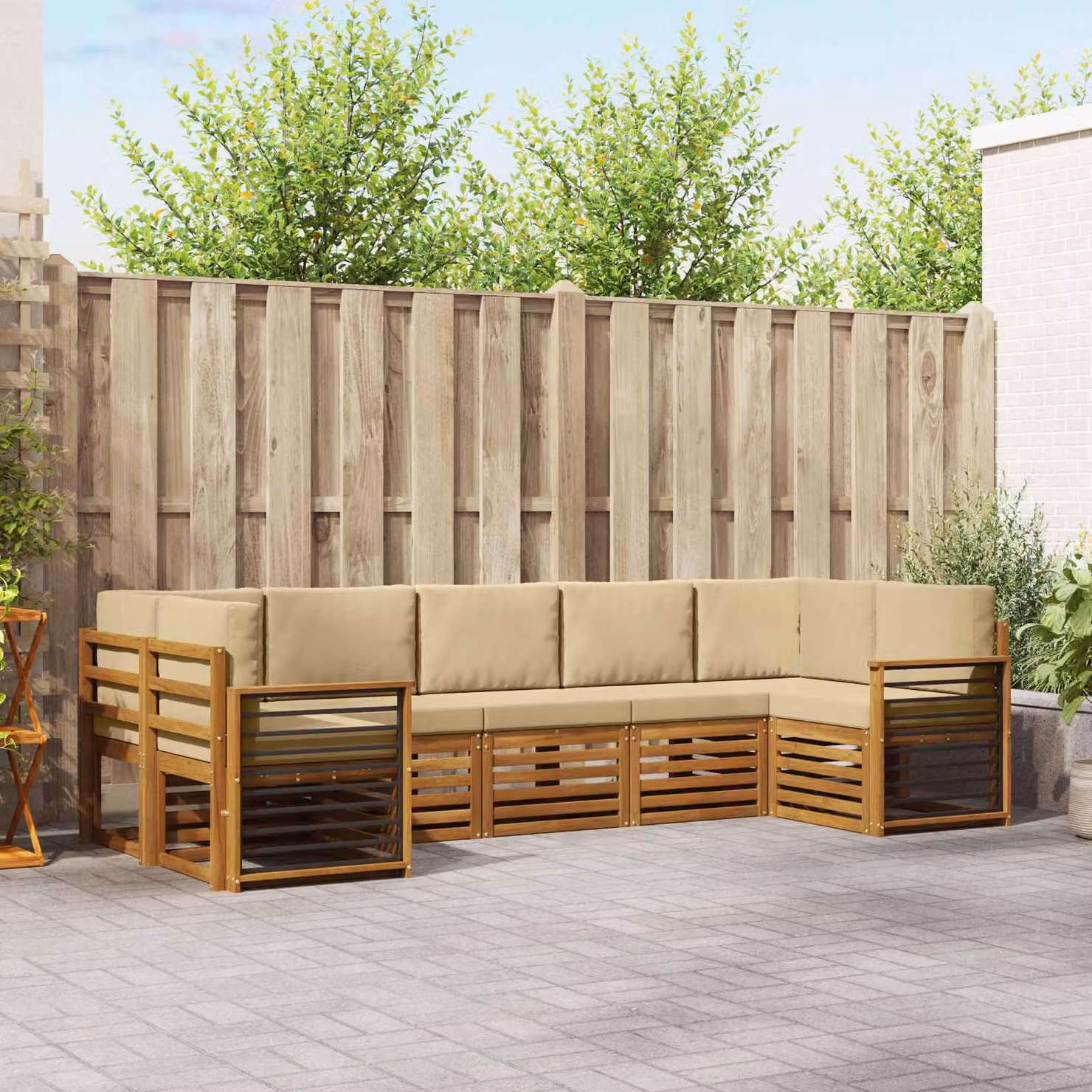 Set di divani da esterno vidaXL 7 pz in legno di acacia con cuscini, beige e naturale, design moderno a L con orientamento sinistro