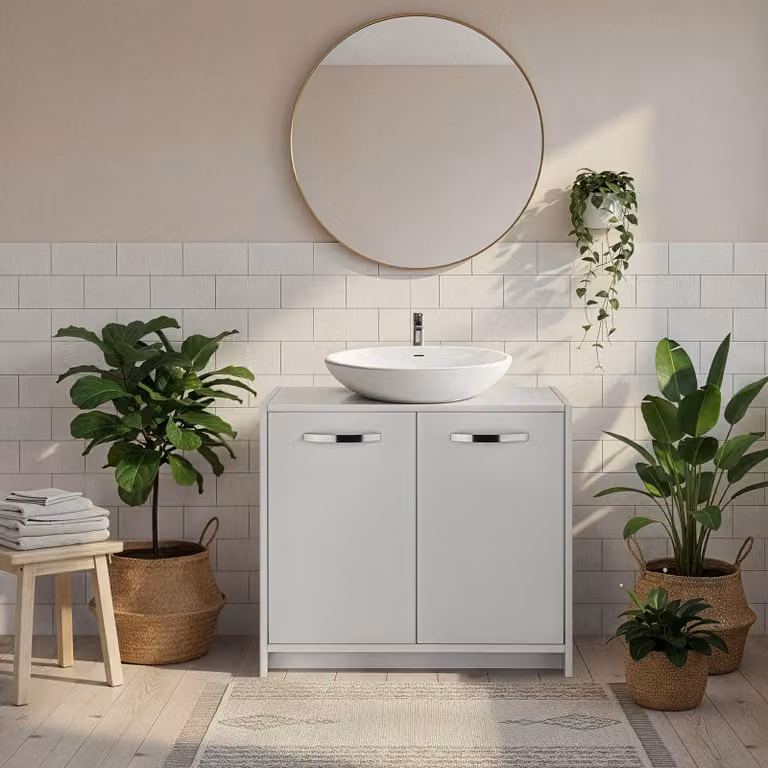 Mobile sotto lavabo Katalina Tectake bianco con ante scorrevoli e ripiani interni