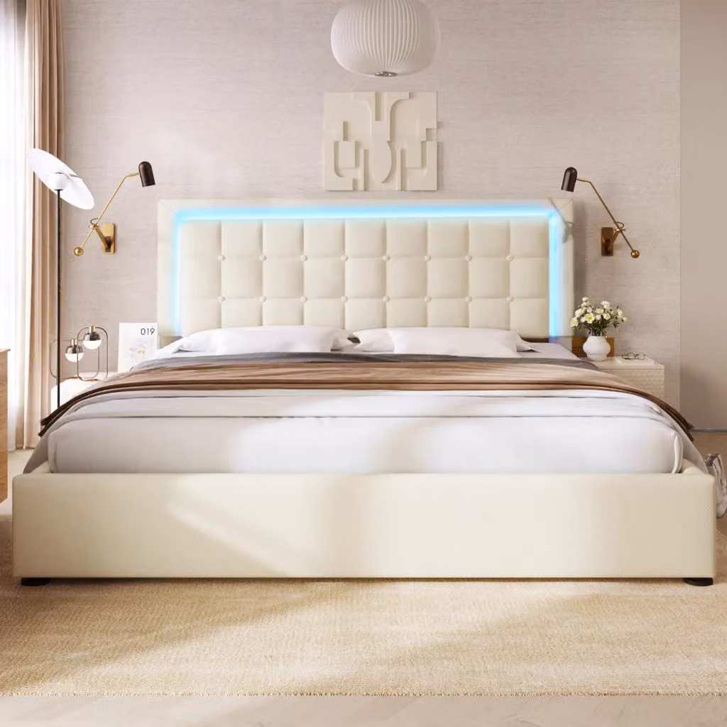 Letto Contenitore REDOM Bianco con Illuminazione LED e Base a Sollevamento L/P/H: 160 x 200 x 105 cm, 213 x 160 x 105 cm – 2