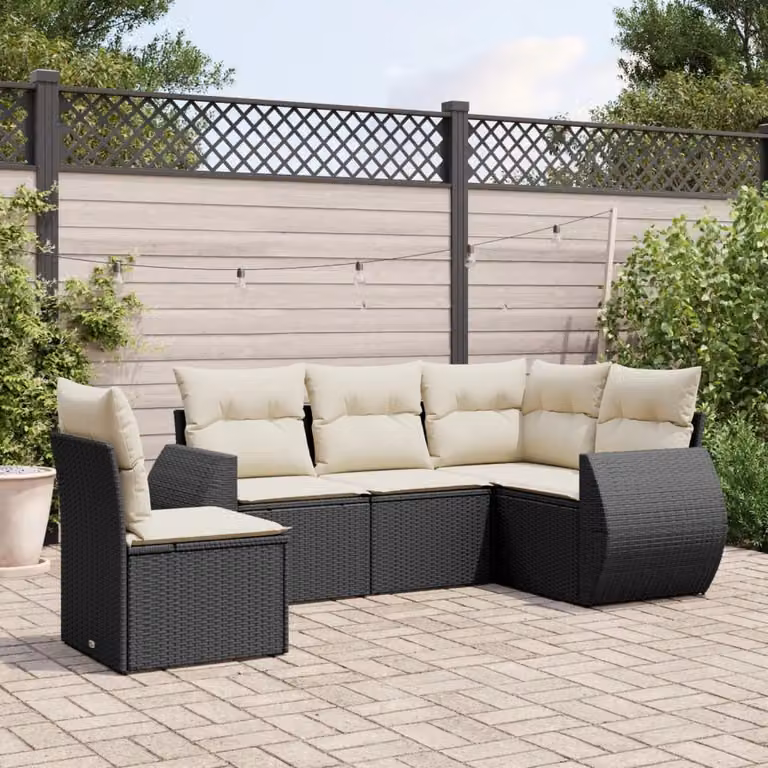 vidaXL Set Divani da Giardino a L 5 pz con Cuscini in Polyrattan e Struttura in Acciaio Nero e Bianco