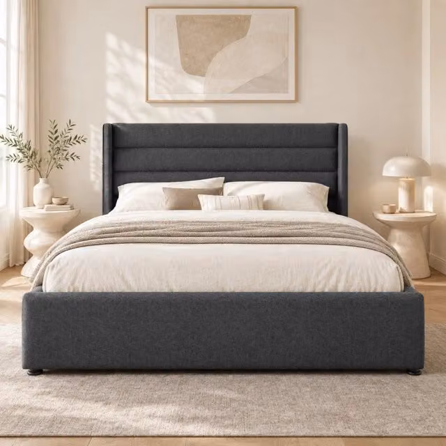 Letto matrimoniale imbottito 160 × 200 cm con contenitore idraulico in lino grigio e rete a doghe