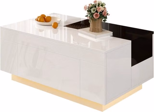 Tavolino da Salotto con Illuminazione LED, Piano Allungabile Nero e Bianco, Vano Portaoggetti Nascosto e Luce a 16 Colori