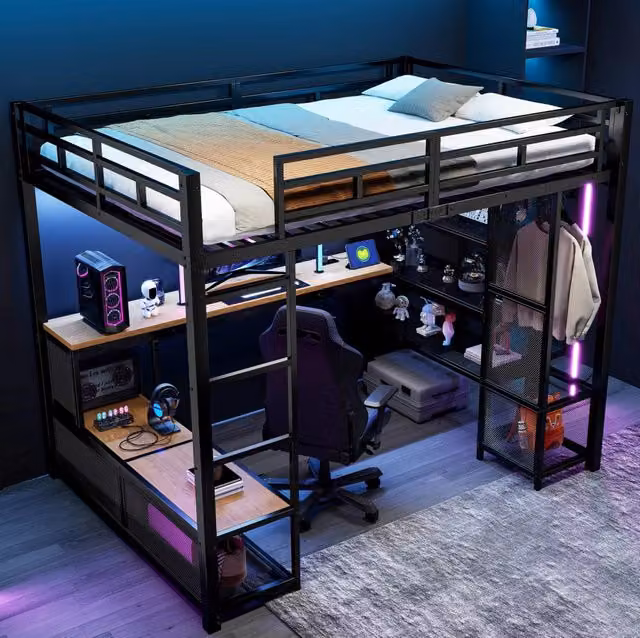 Letto a soppalco 140x200 cm in metallo e MDF con scrivania; ripiani; LED e guardaroba aperto; nero