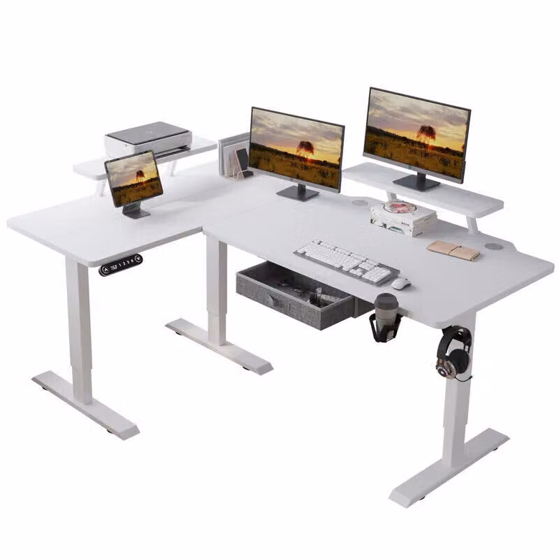 Hilodesk 160 L scrivania ad angolo regolabile elettricamente in altezza Scrivania ad L per ufficio Scrivania in piedi con supporto per monitor e cassetto, bianca