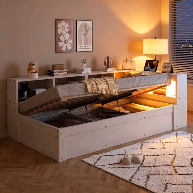 Letto singolo multifunzione 90 × 200 cm con vano contenitore idraulico LED e presa integrata in legno bianco