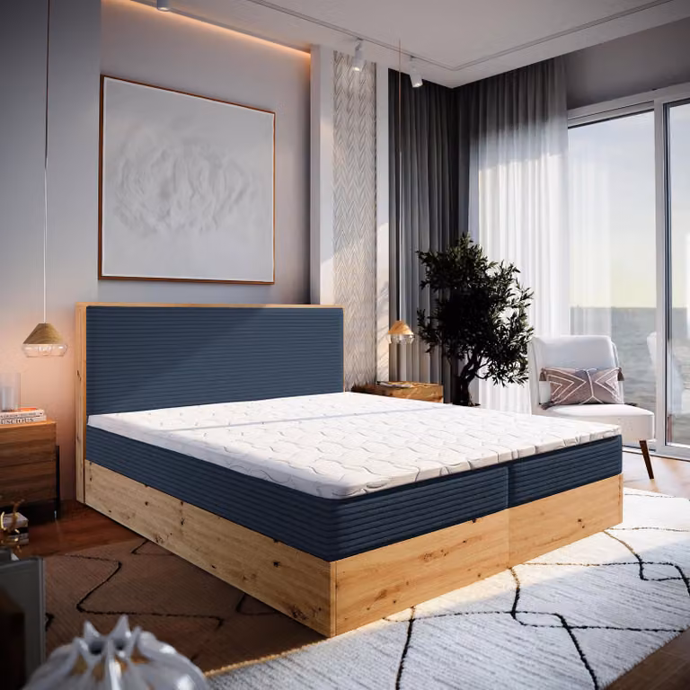Letto Masseno a molle insacchettate VERDON 140x200 cm completo di materasso e topper Bonell, letto imbottito con cassettiera -blu, LINCOLN 77