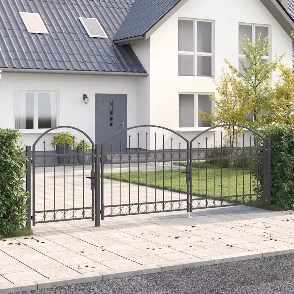 Cancello da giardino a doppia anta vidaXL in acciaio con parte superiore arcuata, disponibile in grigio, nero o antracite, L: 400 cm, H: 175 cm