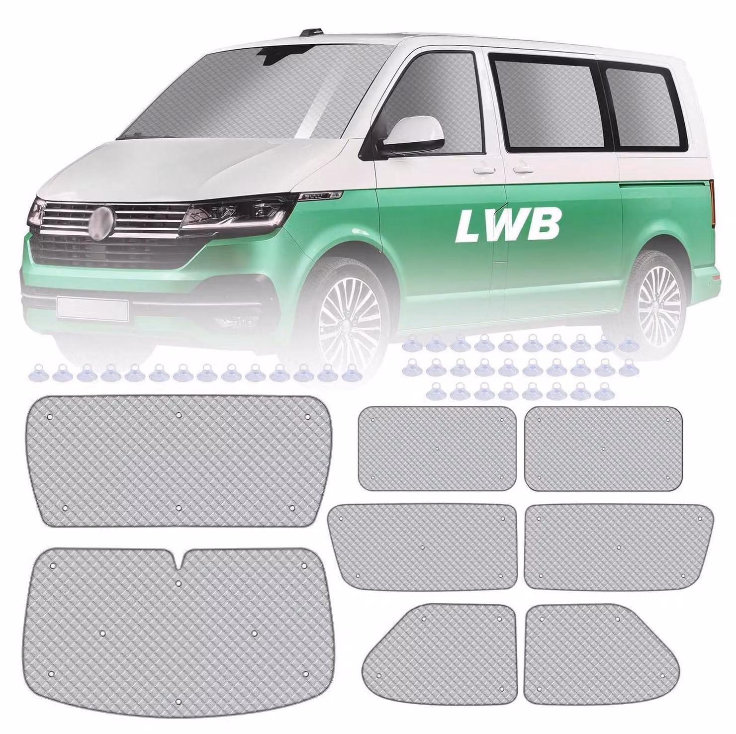 Set di tappetini termici per cabina guida, compatibile con furgone VW T4 a passo lungo, ideale per camper, composto da 8 pezzi. Include parasole, protezione per parabrezza e sacca portaoggetti
