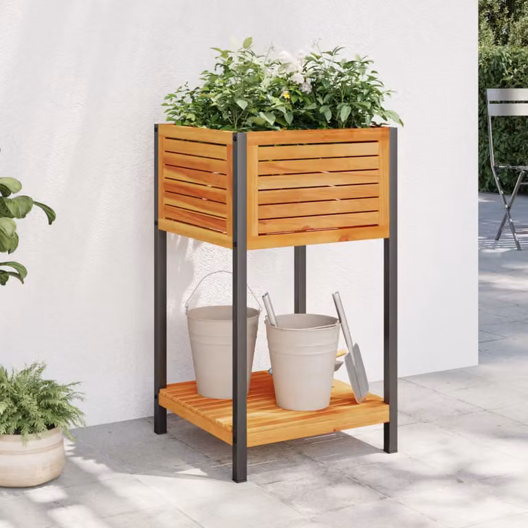 vidaXL Fioriera con Ripiano in Legno di Acacia e Acciaio, Marrone, L/P/H: 45 x 45 x 80 cm